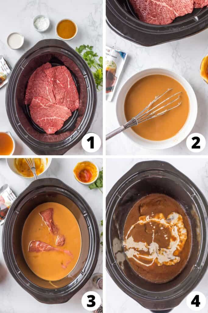 Collage of Slow Cooker Cube Steak Recipe Steps