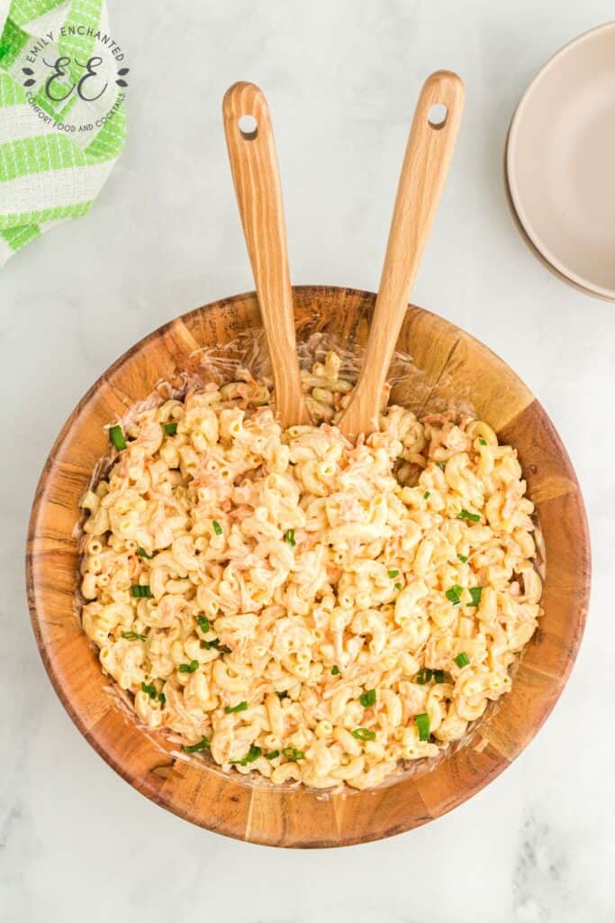 Hawaiian Macaroni Salad in a bowl with serving spoons