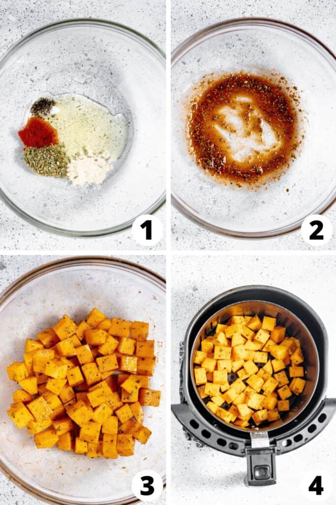 Collage of Air Fryer Butternut Squash Recipe Steps