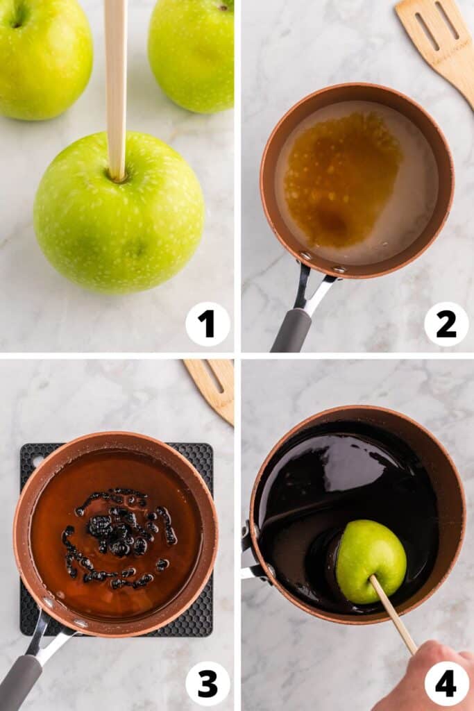Collage of Black Candy Apples Recipe Steps