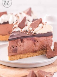 Slice of Toblerone Cheesecake on a white plate