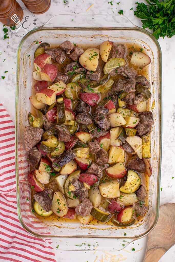 Italian Steak Bake in a glass 9x13 baking dish