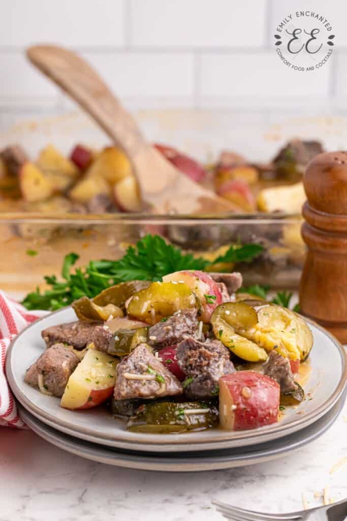 Sheet Pan Italian Steak Bake on a plate