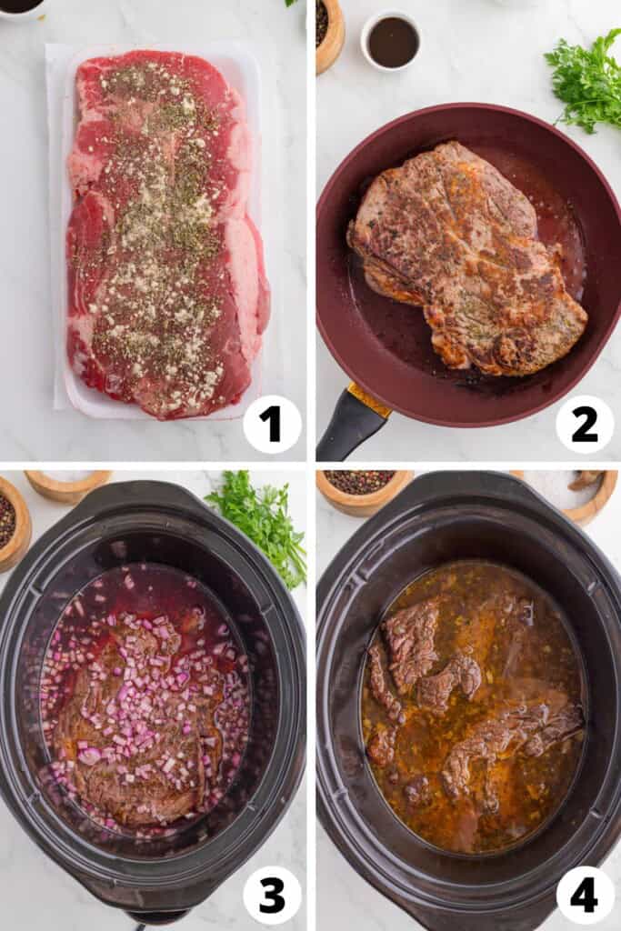 Collage of Slow Cooker Red Wine Pot Roast Recipe Steps