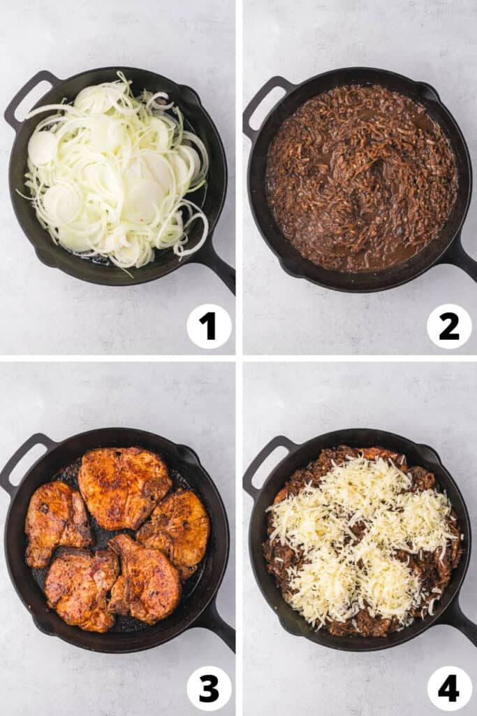 Collage of French Onion Pork Chops Recipe Steps