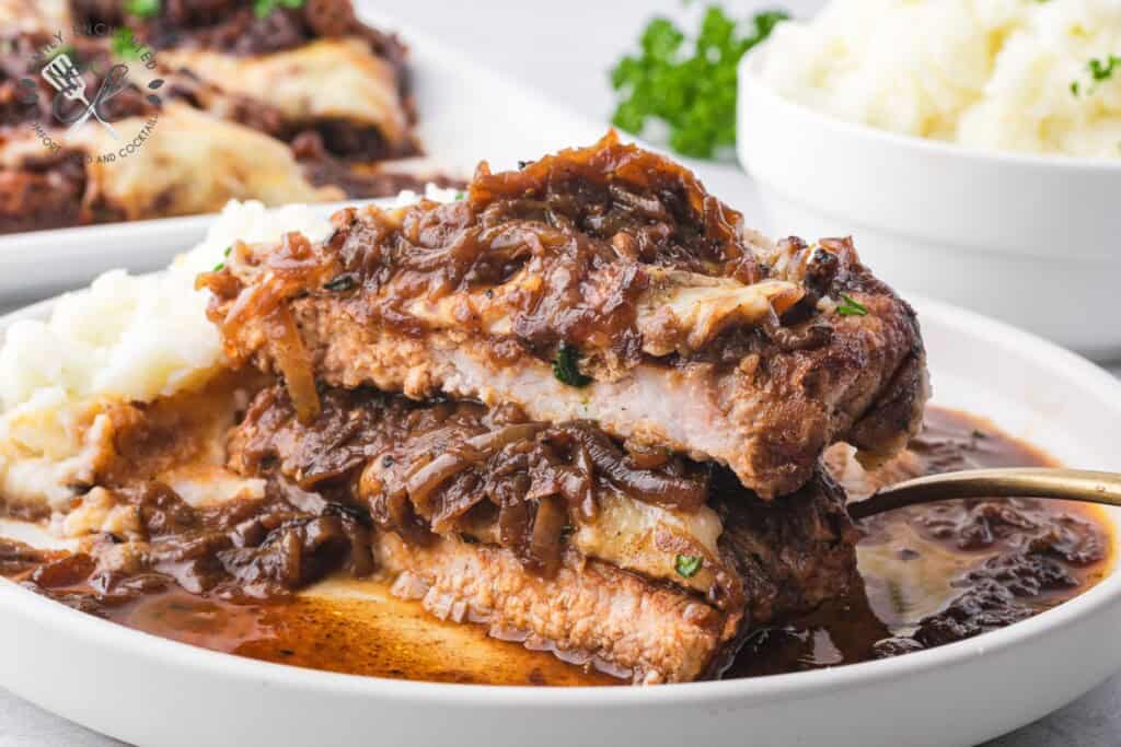 French Onion Pork Chops sliced in half
